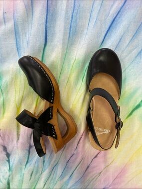 Dansko Black Leather Mary Jane Clogs with Wood Platform